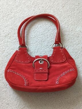 Prada Moon Red Suede Shoulder Bag with Silver-Tone Rings Like 🆕
